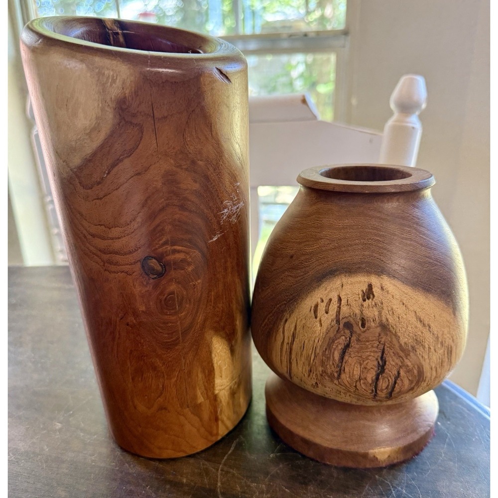 Vintage Hand Turned Solid Wood Decorative Vase Set 2 Rustic Artisa